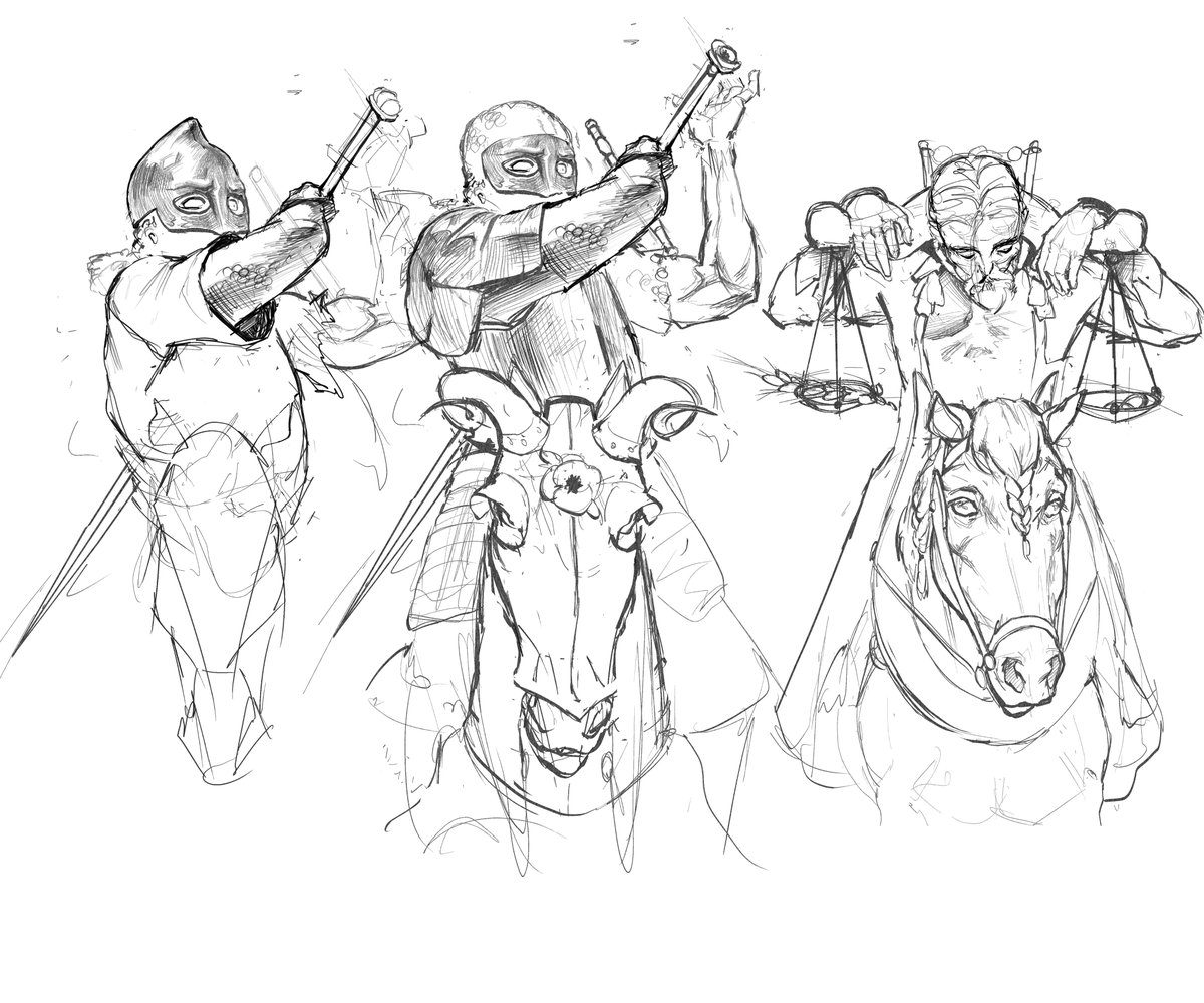 Pretty recent sketches of the 4 horsemen I've been doing. I hope I'll make something alright out of these.