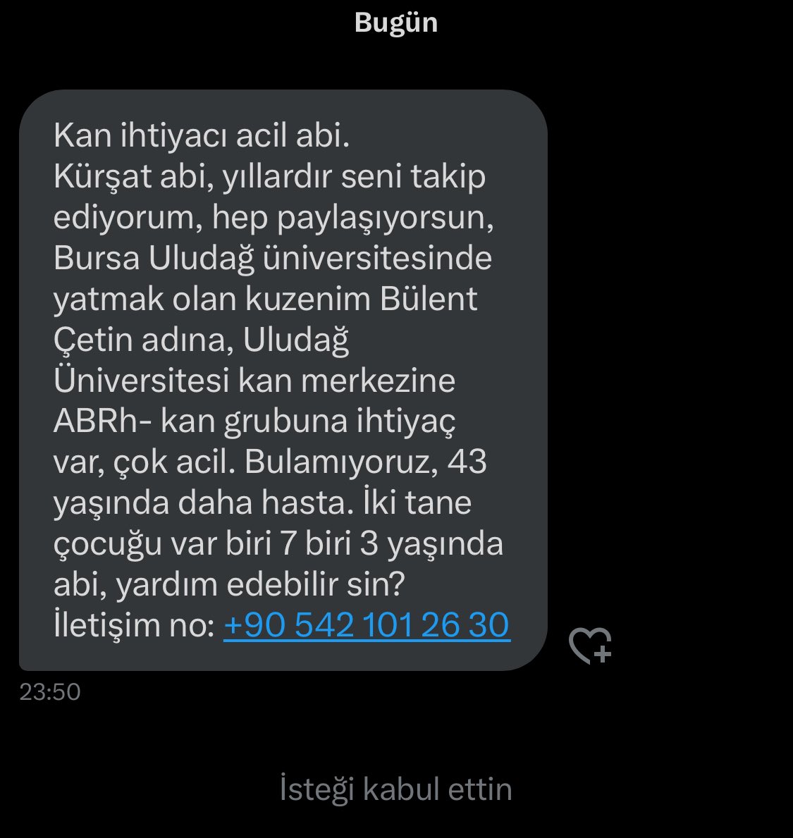 Dostlar acil kan ihtiyacı 
Bursa 
AB RH -
Hızlıca paylaşalım arkadaşlar 
Acil