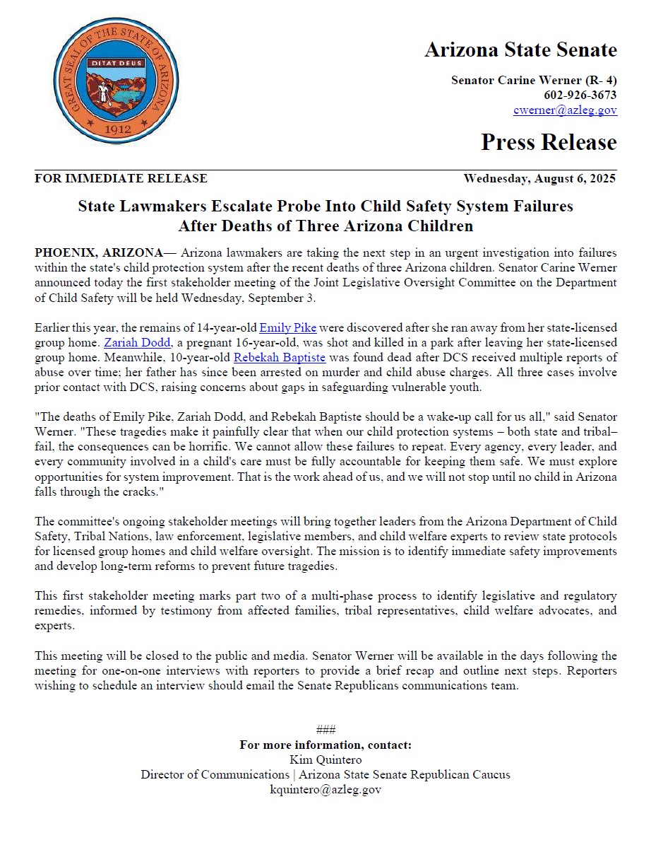 Habib Obi (@obisun) on Twitter photo NEW: <a href="/CarineWerner/">Carine Werner</a> & <a href="/AZSenateGOP/">AZSenateRepublicans</a> want to escalete probe into Arizona's child protection system following the deaths Emily Pike, Rebekah Baptiste & Zariah Dodd. Oversight Committee hearing on DCS scheduled for Sept. 3 NEW: <a href="/CarineWerner/">Carine Werner</a> & <a href="/AZSenateGOP/">AZSenateRepublicans</a> want to escalete probe into Arizona's child protection system following the deaths Emily Pike, Rebekah Baptiste & Zariah Dodd. Oversight Committee hearing on DCS scheduled for Sept. 3