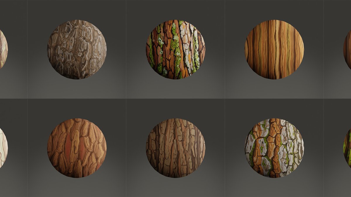 Working on a new environment? I've just added 12 new stylized bark textures to my Patreon! Get a sneak peek in the image, then join for full access and a ton of other assets. What should I work on next? 

Check all of them here: ultidigi.com/textures

#Patreon #GameAssets