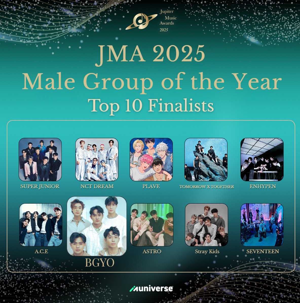 Congratulations to #BGYO for having been selected as one of the Top 10 Finalists, together with other prestigious international male group artists, in the 2025 Jupiter Music Awards (JMA).

Our boys are in the shortlist of nominees to the final round for Male Group of the Year