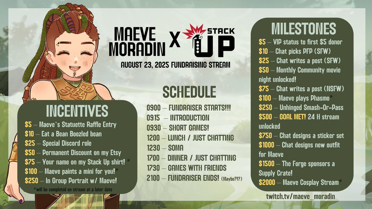 Here is the OFFICIAL miletstones and incentives guide for my first fundraiser this upcoming August 23rd! 

Our goal to meet will be $500 on my tiltify fundraising page (which will be made available closer to the big day!). 

I've also included some stretch goals as well 😁