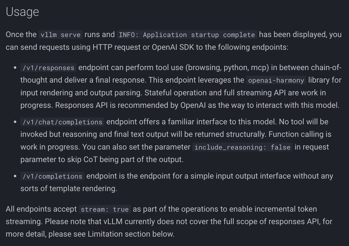 Mario Zechner (@badlogicgames) on Twitter photo vLLM has put up a recipe for gpt-oss. It details all the limitations. My investigation from yesterday was correct.
`chat/completions`doesn't support tool calls at all. That means tools like opencode, qwen-cli, crush, etc. won't work.
<a href="/mitsuhiko/">Armin Ronacher ⇌</a>
docs.vllm.ai/projects/recip… vLLM has put up a recipe for gpt-oss. It details all the limitations. My investigation from yesterday was correct.
`chat/completions`doesn't support tool calls at all. That means tools like opencode, qwen-cli, crush, etc. won't work.
<a href="/mitsuhiko/">Armin Ronacher ⇌</a>
docs.vllm.ai/projects/recip…
