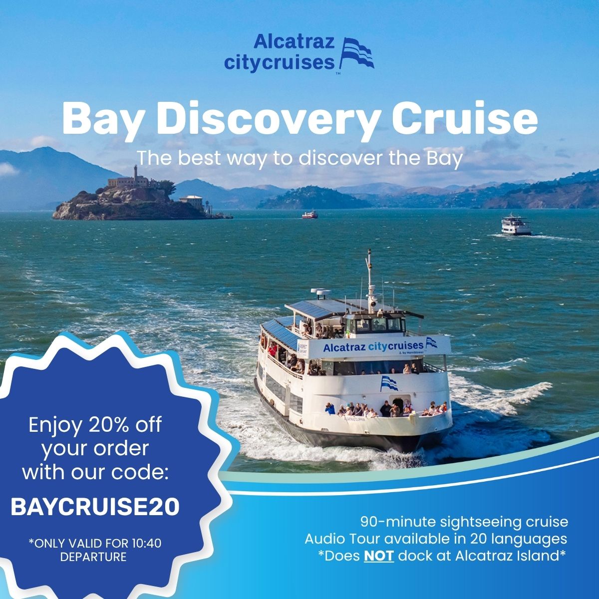Explore iconic Bay Area spots right on the water with <a href="/AlcatrazCruises/">Alcatraz City Cruises</a>' Bay Discovery Cruise 🛥️ See sights like the Golden Gate Bridge, Alcatraz Island, Angel Island, Sausalito, + more! 

Enter to win a pair of tickets + get 20% off with our code below 👇
t.dostuffmedia.com/t/c/s/308154