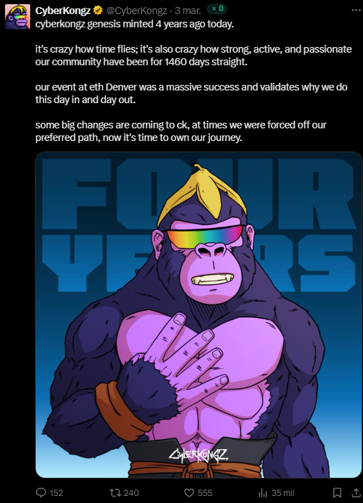 💙VELITA💙 (@velita_olagg) on Twitter photo ✍️ I recently started looking into the history of <a href="/CyberKongz/">CyberKongz</a> and wow
- A 4-year-old collection
- Pioneers in token utility: $BANANA
- Insane strength and activity on Discord
- They congested Ethereum
- Hundreds of partnerships
🥱 Without the SEC, they’d be the best now ✍️ I recently started looking into the history of <a href="/CyberKongz/">CyberKongz</a> and wow
- A 4-year-old collection
- Pioneers in token utility: $BANANA
- Insane strength and activity on Discord
- They congested Ethereum
- Hundreds of partnerships
🥱 Without the SEC, they’d be the best now