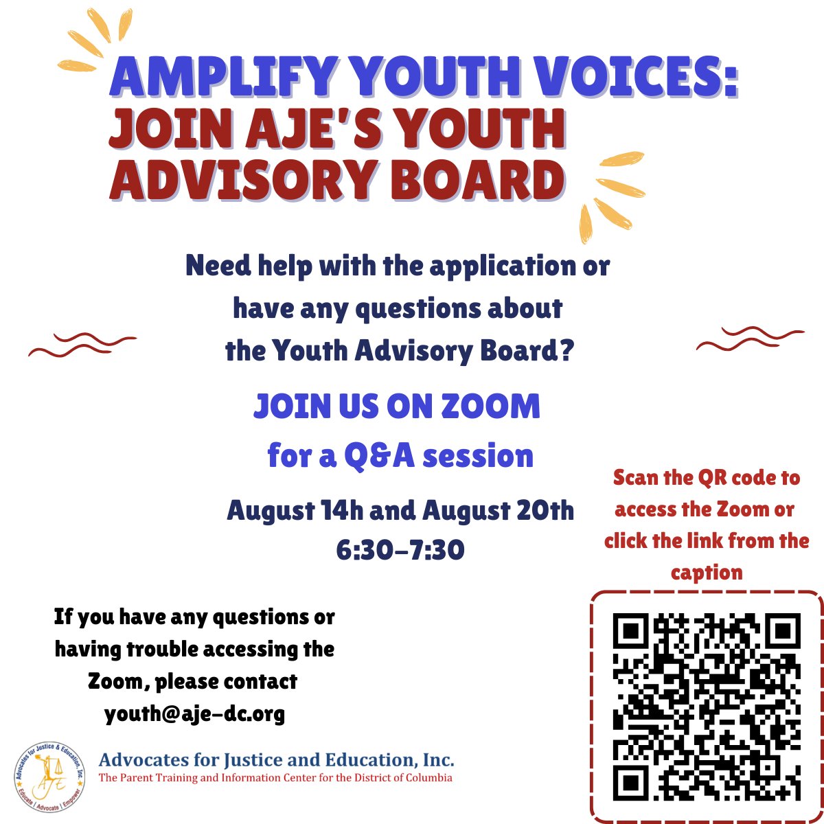 Need help with the application or have any questions about the Youth Advisory Board? We are hosting a Q&amp;A session on August 14th and August 20th on Zoom, 6:30-7:30 pm. You can access the Zoom through the QR code or by clicking on the link: us04web.zoom.us/j/79017155075?…