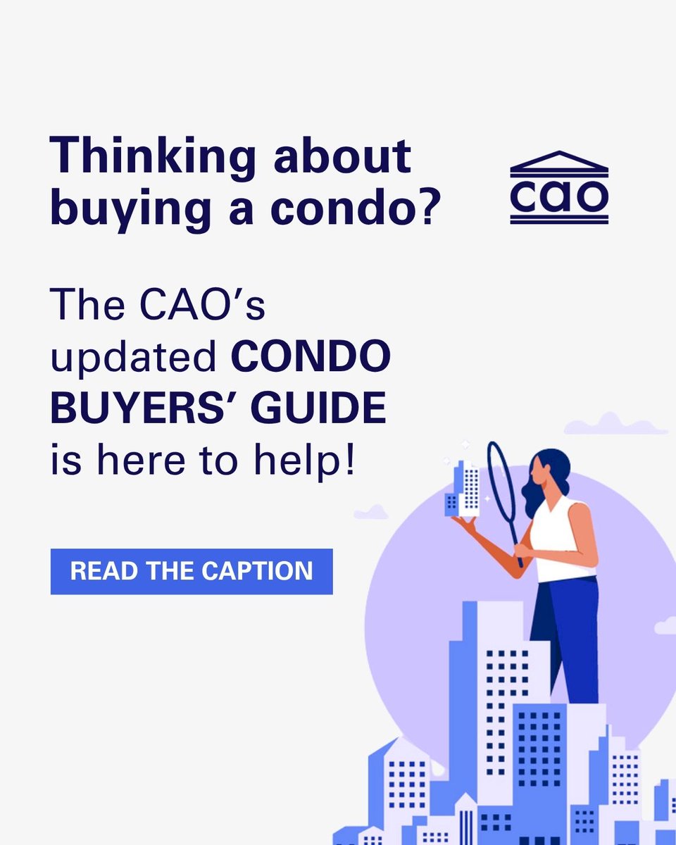 🏙️ Buying a condo in Ontario? The CAO’s just launched a newly updated Condo Buyers’ Guide to help! Make this your go-to resource. 

📘 Learn the difference between resale and pre-construction, what documents to review, and how to navigate condo living.

✅ Tips to support