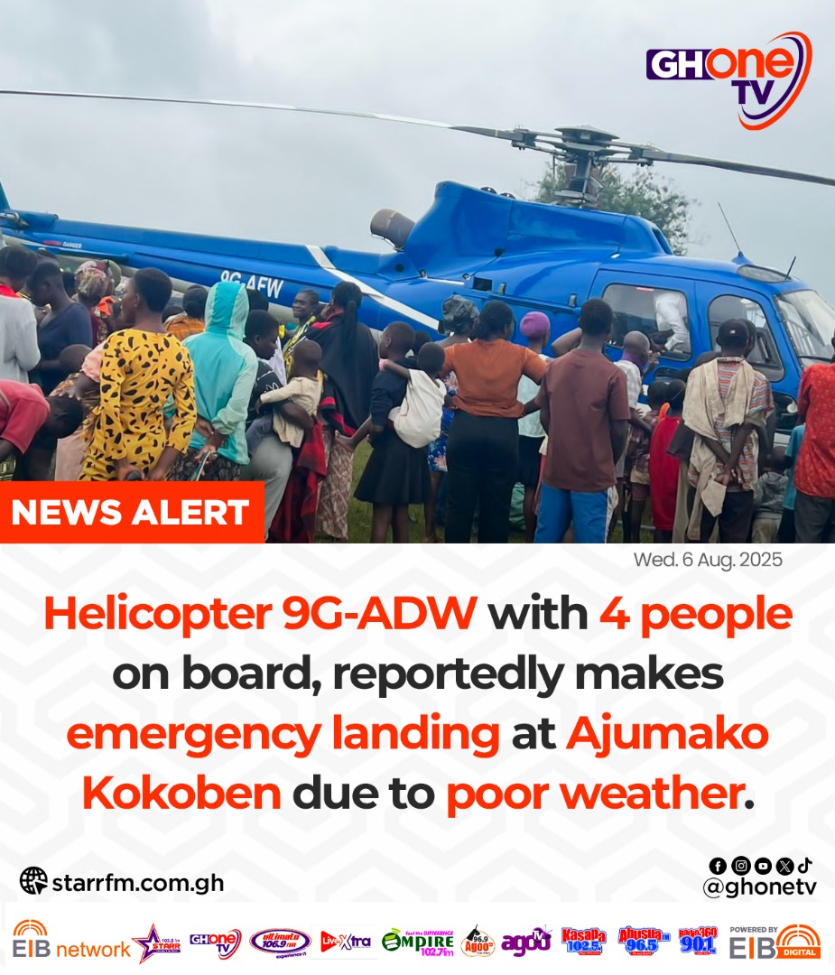 ghonetv's tweet photo. Helicopter 9G-ADW with 4 people on board reportedly makes emergency landing... 

#GHOneNews #EIBNetwork 
#GHOneTV #NewsAlert https://t.co/yOsE6TLWkx