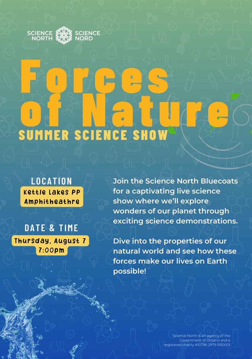 Hey Campers! Join the Science North Bluecoats at our Kettle Lakes Amphitheatre tomorrow, Thursday, August 7th at 7 PM to explore the Forces of Nature!

#KettleLakesPP #OntarioParksNE #ScienceNorth