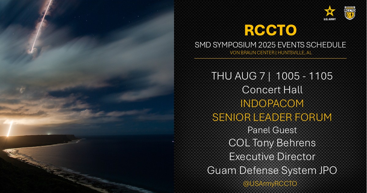 RCCTO at #SMD2025: COL Behrens (Guam Defense System JPO) joins the #INDOPACOM Senior Leader Forum to discuss critical defense strategies!
Thu, Aug 7, 1005-1105 (Concert Hall).
#GuamDefense #SpaceAndMissileDefense #Army #NationalSecurity