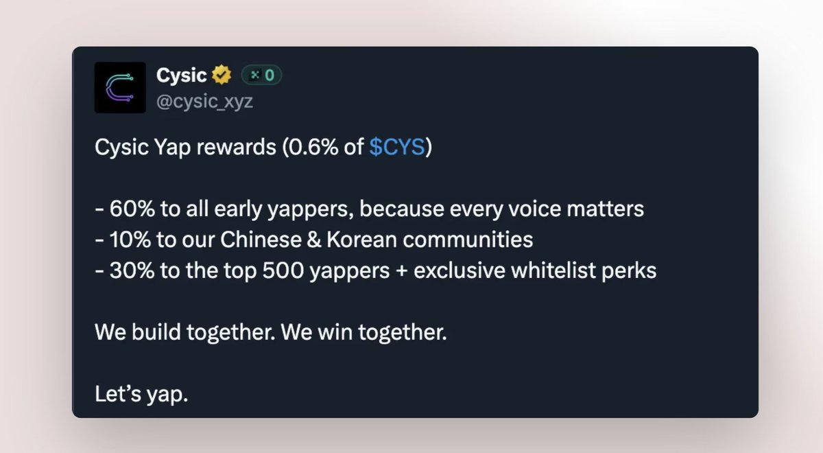 Cysic is putting 0.6% of $CYS straight into the hands of the community 🫡

✅ 60% to all early yappers
🌏 10% to Chinese &amp; Korean communities
🏆 30% to top 500 yappers + whitelist perks

We build together. We win together.
Let’s yap → <a href="/cysic_xyz/">Cysic</a>