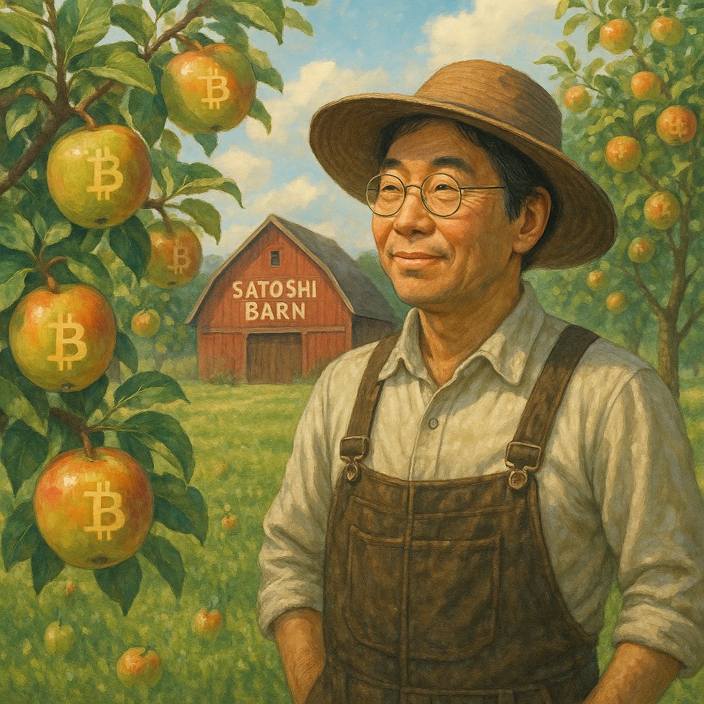 The Hodlfarmer is a symbol for sovereign Bitcoiners. He cultivates value patiently, far from the noise of the fiat world. His orchard bears fruits marked with ₿ — not because he chases yield, but because he understands time preference.
#Bitcoin
#SatoshiBarn
#ProofOfWork