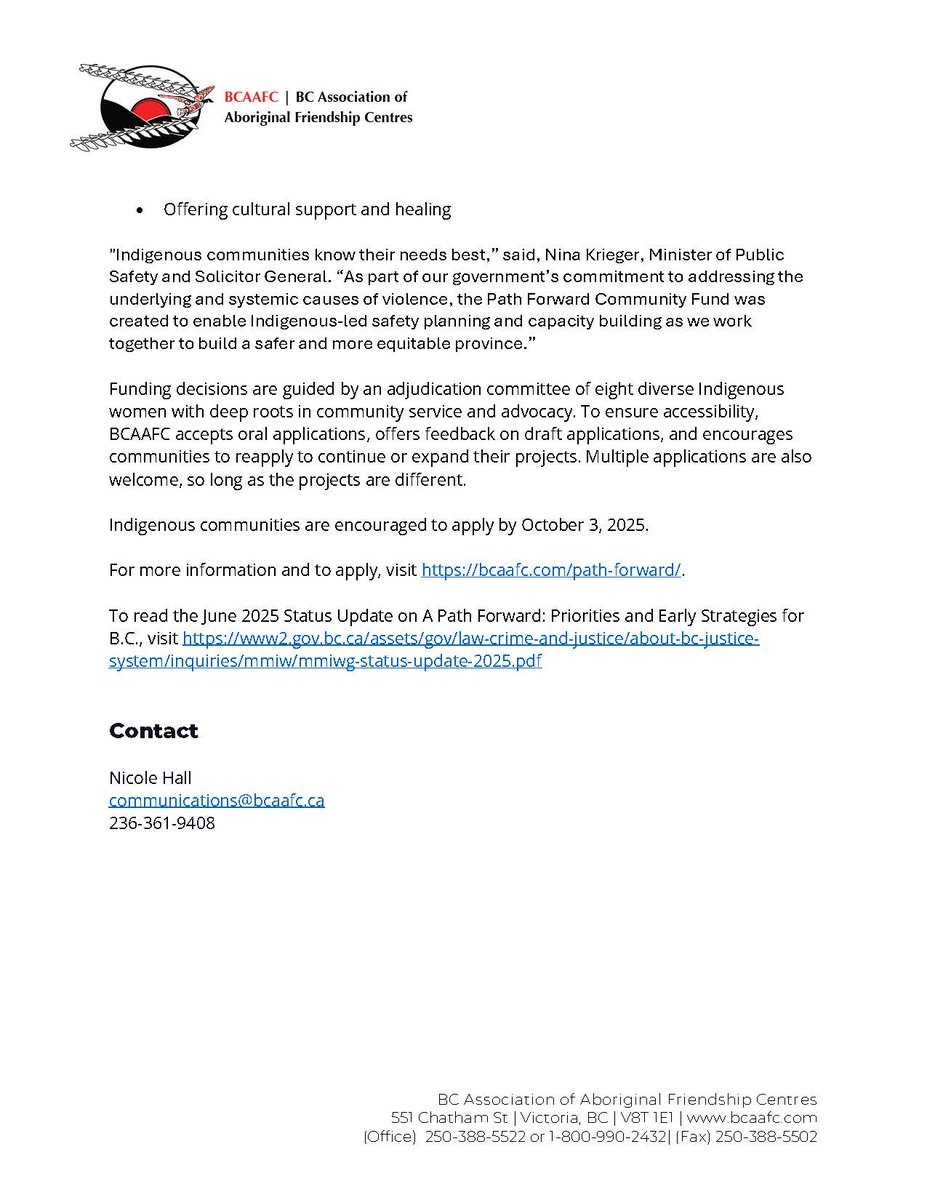📣Path Forward applications are open, which means we are accepting applications for grant funding of up to $200,000 to support Indigenous-led initiatives that address gender-based violence. 

Read the full release here: bcaafc.com/docs/pr/2025-0…