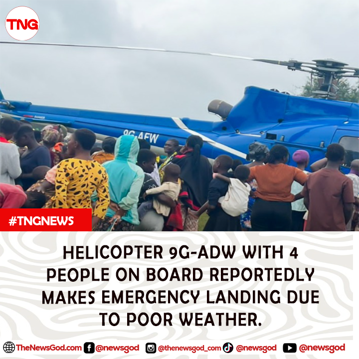 TheNewsGodtweet's tweet photo. Helicopter 9G-ADW with 4 people on board reportedly makes emergency landing due to poor weather. 

#HelicopterEmergency #AviationSafety #BadWeather #BreakingNews #HelicopterCrash https://t.co/OdaNHnTktI