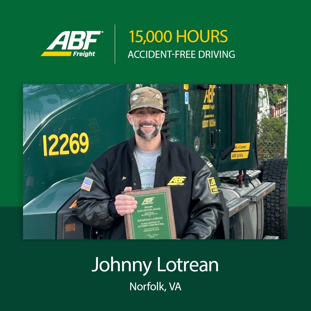 We’re proud to recognize Johnny Lotrean of Norfolk, VA, for achieving 15,000 hours of accident-free driving with ABF Freight. Thank you for your continued commitment to excellence behind the wheel.