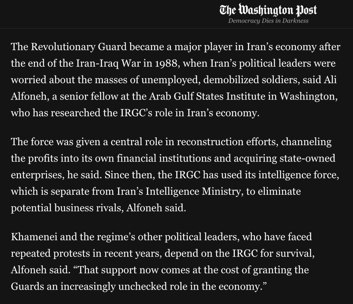 Ali Alfoneh علی آلفونه (@alfoneh) on Twitter photo IRGC support to the regime “now comes at the cost of granting the Guards an increasingly unchecked role in the economy.” Quoted in <a href="/yjtorbati/">Yeganeh Torbati</a>'s "How the Revolutionary Guard stealthily shapes Iran’s economy" <a href="/washingtonpost/">The Washington Post</a> (Washington D.C.) August 6, 25. shorturl.at/WUXBJ IRGC support to the regime “now comes at the cost of granting the Guards an increasingly unchecked role in the economy.” Quoted in <a href="/yjtorbati/">Yeganeh Torbati</a>'s "How the Revolutionary Guard stealthily shapes Iran’s economy" <a href="/washingtonpost/">The Washington Post</a> (Washington D.C.) August 6, 25. shorturl.at/WUXBJ