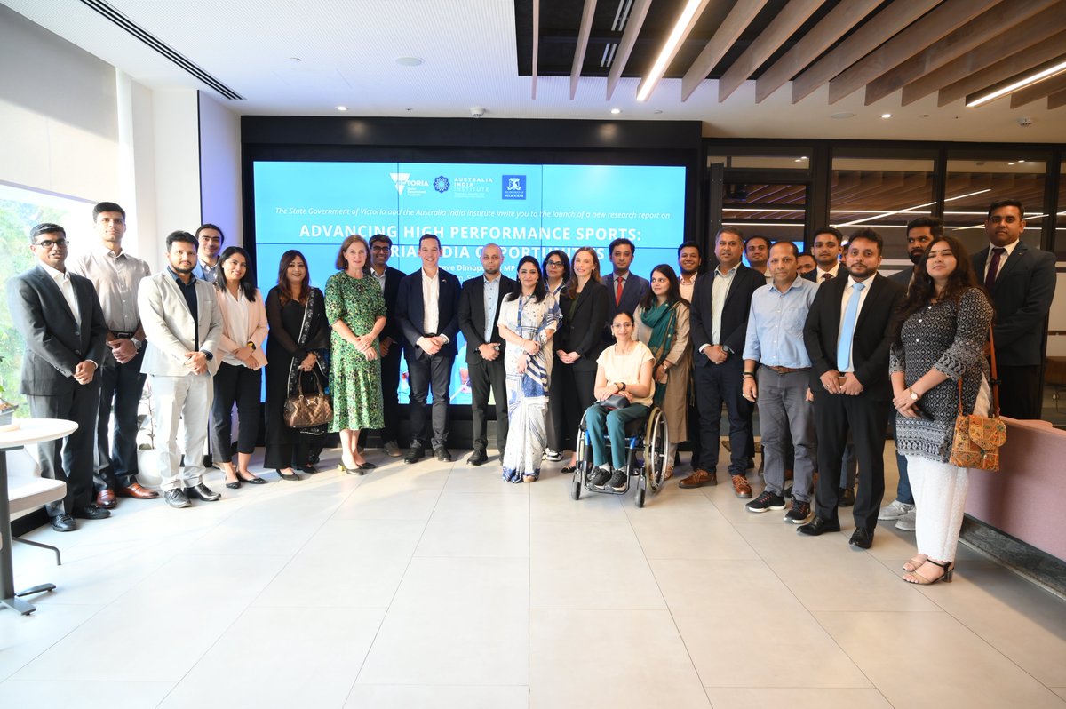 AIinstitute's tweet photo. The Institute's new report, 'Advancing High-Performance Sports: Victoria-India Opportunities' was launched at the Melbourne Global Centre-Delhi by Victorian Minister for Tourism, Sport and Major Events, @Steve_Dimo in New Delhi last night.
 
Authored by Parul Nadar, Maisha Samiha and Darryl J. Mohr, the report builds on the Victorian Government's 'Victoria’s India Strategy: Our Shared Future 2025-30', which seeks to strengthen the existing people-to-people links between Victoria and India and to enhance trade and investment opportunities in priority growth sectors to deliver positive outcomes for both regions.
 
“From grassroots, community, and club sports to elite pathways leading to international Olympic and Paralympic competition, the Institute’s research examines the critical roles of both government and the private sector in supporting all levels of sports participation,” says CEO @Lisa_Singh 
 
Read the report here: https://t.co/LpUbnvugNs 
 
@Olympics @Paralympics @vidsagaram @SportsAuthorityindia @Inspire @Institute  @TheAusToday @AusHCIndia @Commission  @michellewade99  @UniMelb  @Abhinav @JacintaAllanMP @sportsaustralia