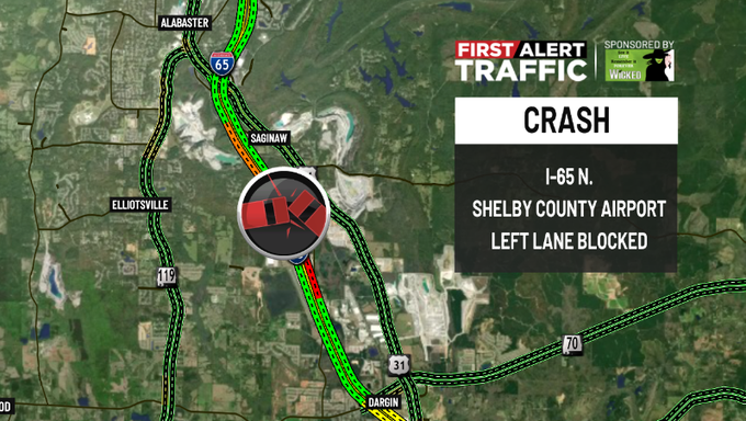 WBRC 6 Traffic (@wbrctraffic) on Twitter photo First Alert:
There is a crash on I-65 N. near the Shelby County Airport blocking the left lane. <a href="/WBRCnews/">WBRC 6 News</a> #wbrctraffic First Alert:
There is a crash on I-65 N. near the Shelby County Airport blocking the left lane. <a href="/WBRCnews/">WBRC 6 News</a> #wbrctraffic