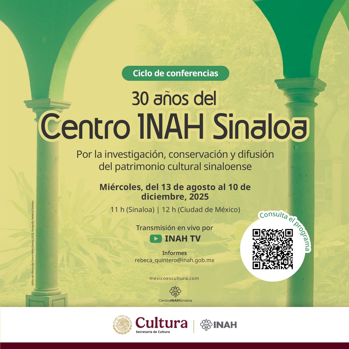 🎉 ¡Celebremos 30 años del Centro INAH Sinaloa! Te invitamos al ciclo de conferencias 2025: "Por la investigación, conservación y difusión del patrimonio sinaloense."

🗓️Mié, del 13 ago al 10 dic
🕚11 h (Sin) | 12 h (CDMX)
📺En vivo por INAHTV
🔗Más info: bit.ly/4oblHfS