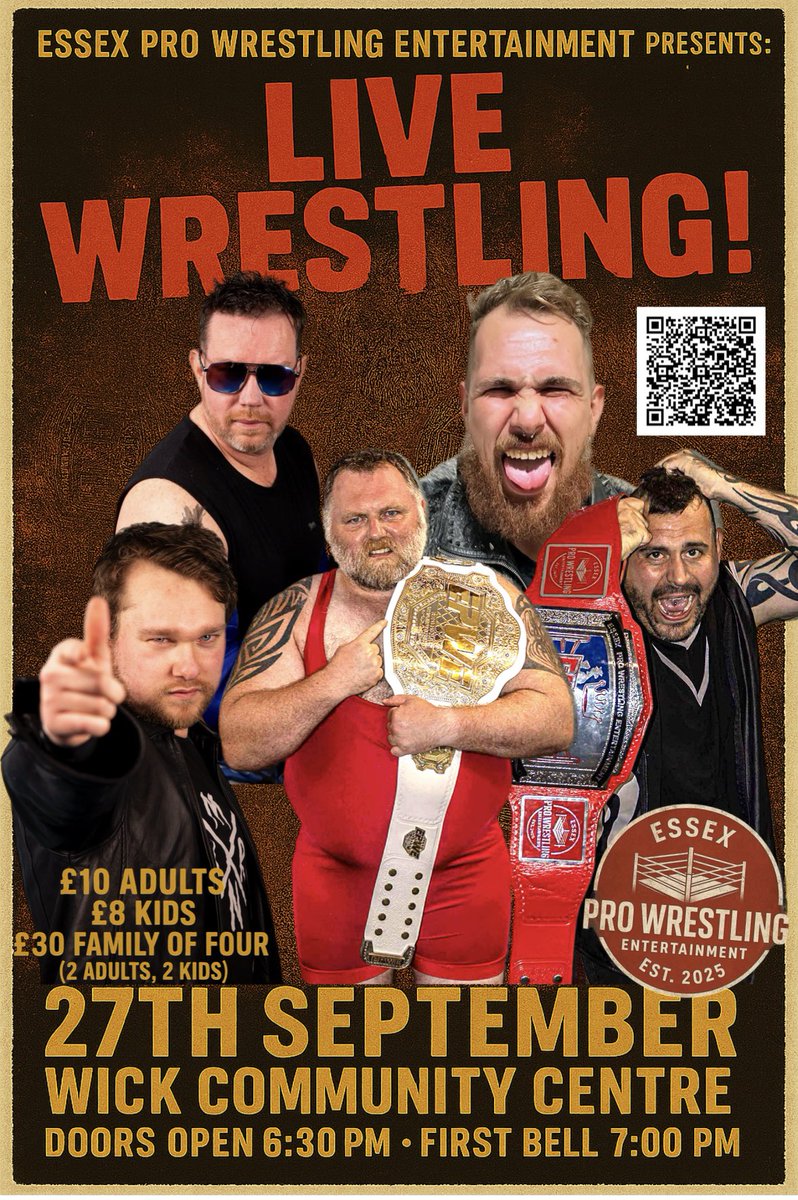 We’re bringing live pro wrestling back to the Wick Community Centre on Friday 27th September!
Hard-hitting action, big names &amp; family-friendly fun!

🎟️ Tickets: eventbrite.co.uk/e/epwe-present…
📍 Wickford, Essex

#EPWE #Wickford #Wrestling #IndieWrestling #FamilyEntertainment #Essex