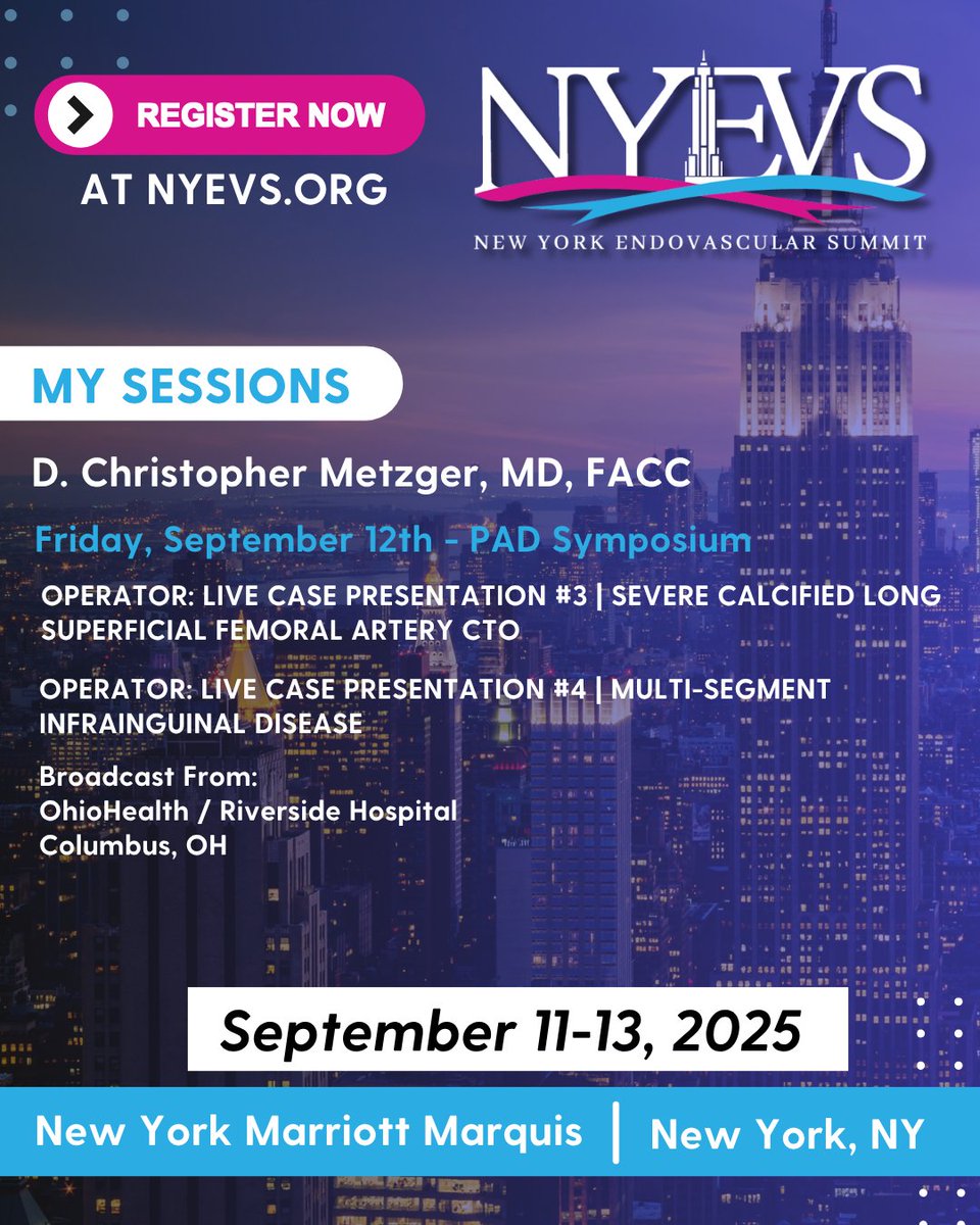 EndovascularNy's tweet photo. 🫀Register now for #NYEVS2025 to experience these can't-miss topics!
📅September 11–13, 2025
📍New York Marriott Marquis
Learn more here: https://t.co/g8N9QJIYJq
#cardiology #interventionalcardiology #peripheralarterialdisease #endovascular #aortic #instacardio #PAD #fellows #fellowscourse #CardioTwitter