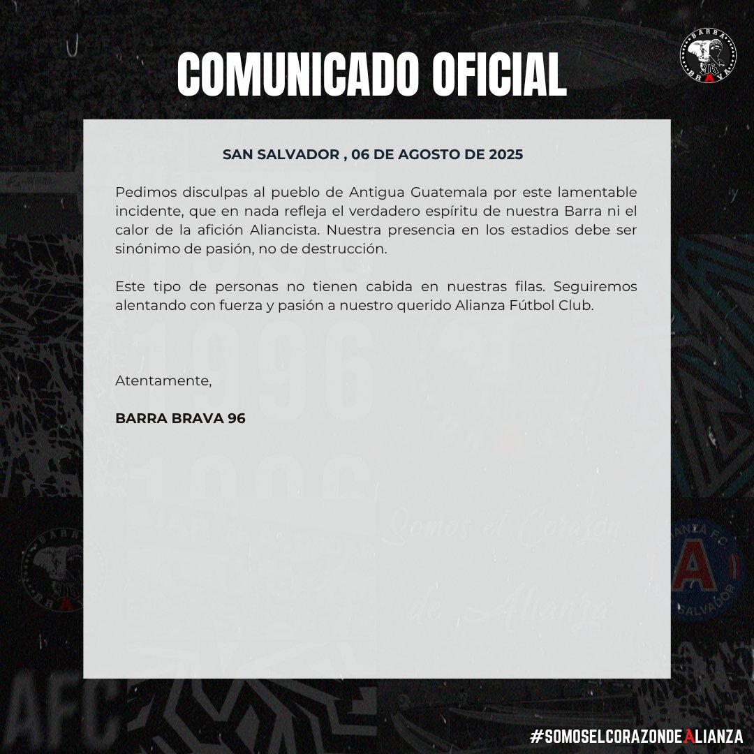 La Noventa y Seis (@barrabrava_afc) on Twitter photo ยกCOMUNICADO OFICIAL! ๐๐ผ
<a href="/AlianzaFC_sv/">Alianza Fรบtbol Club</a>
<a href="/GfcAntigua/">AntiguaGFC</a>
<a href="/Concacaf/">Concacaf</a>
#PorSiempreAlianza #SomosElCorazonDeAlianza ยกCOMUNICADO OFICIAL! ๐๐ผ
<a href="/AlianzaFC_sv/">Alianza Fรบtbol Club</a>
<a href="/GfcAntigua/">AntiguaGFC</a>
<a href="/Concacaf/">Concacaf</a>
#PorSiempreAlianza #SomosElCorazonDeAlianza
