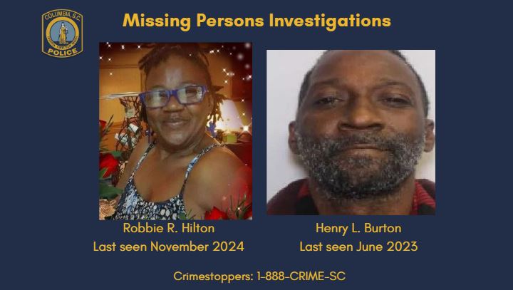 #ColumbiaPDSC continues to re-examine missing persons cases. Special Victims Unit (SVU) investigators ask for your assistance in locating Robbie Hilton. She was reported missing in November 2024 at the age of 59. 
Additionally, a relative reported Henry Burton missing in June