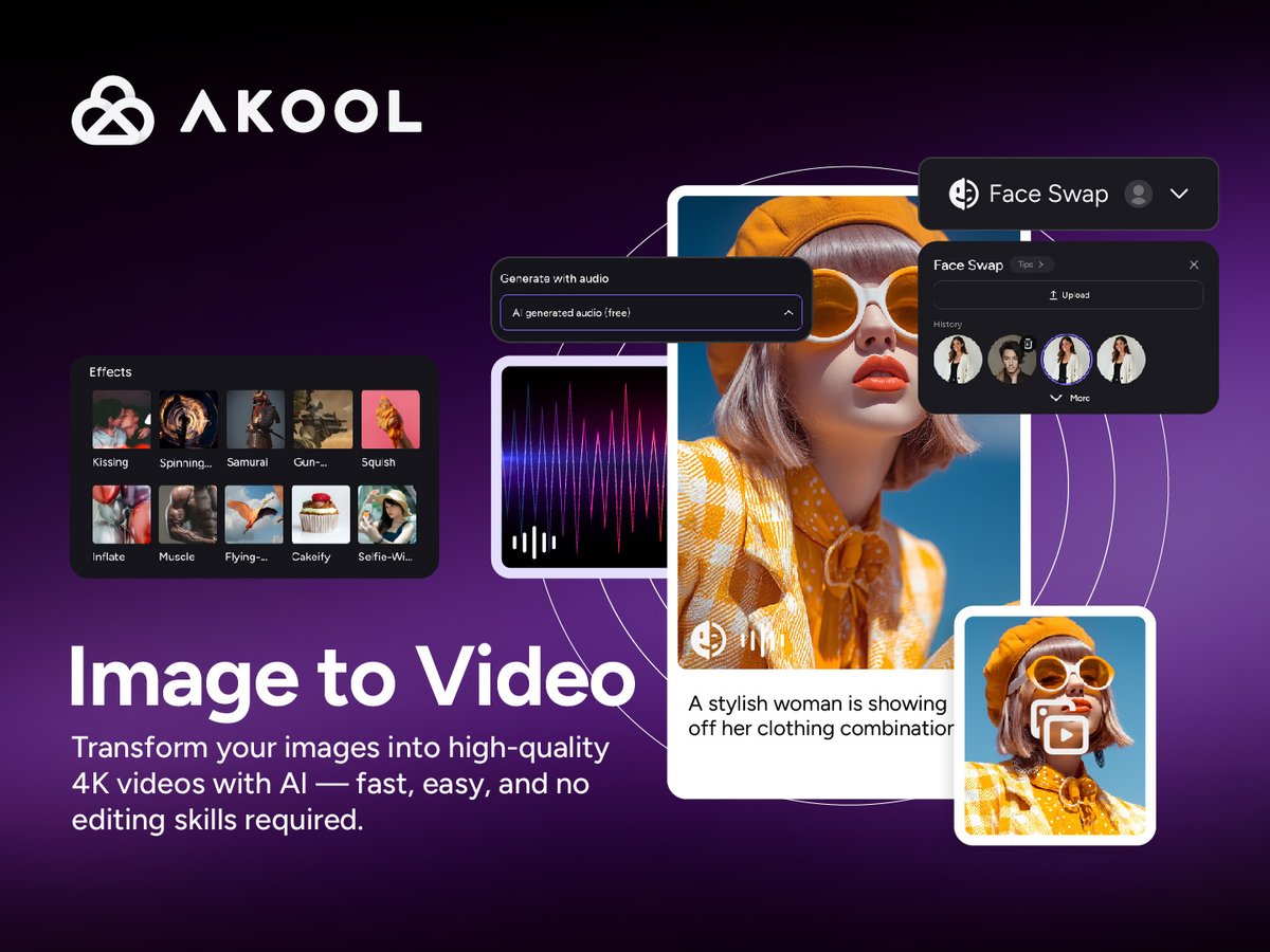 Turn any image into stunning video content—instantly.
With Akool's Image to Video, bring your visuals to life using AI-powered animation. No actors, no cameras, no editing headaches.

Upload your image, and let Akool do the rest.

Perfect for:
Product promos
Character