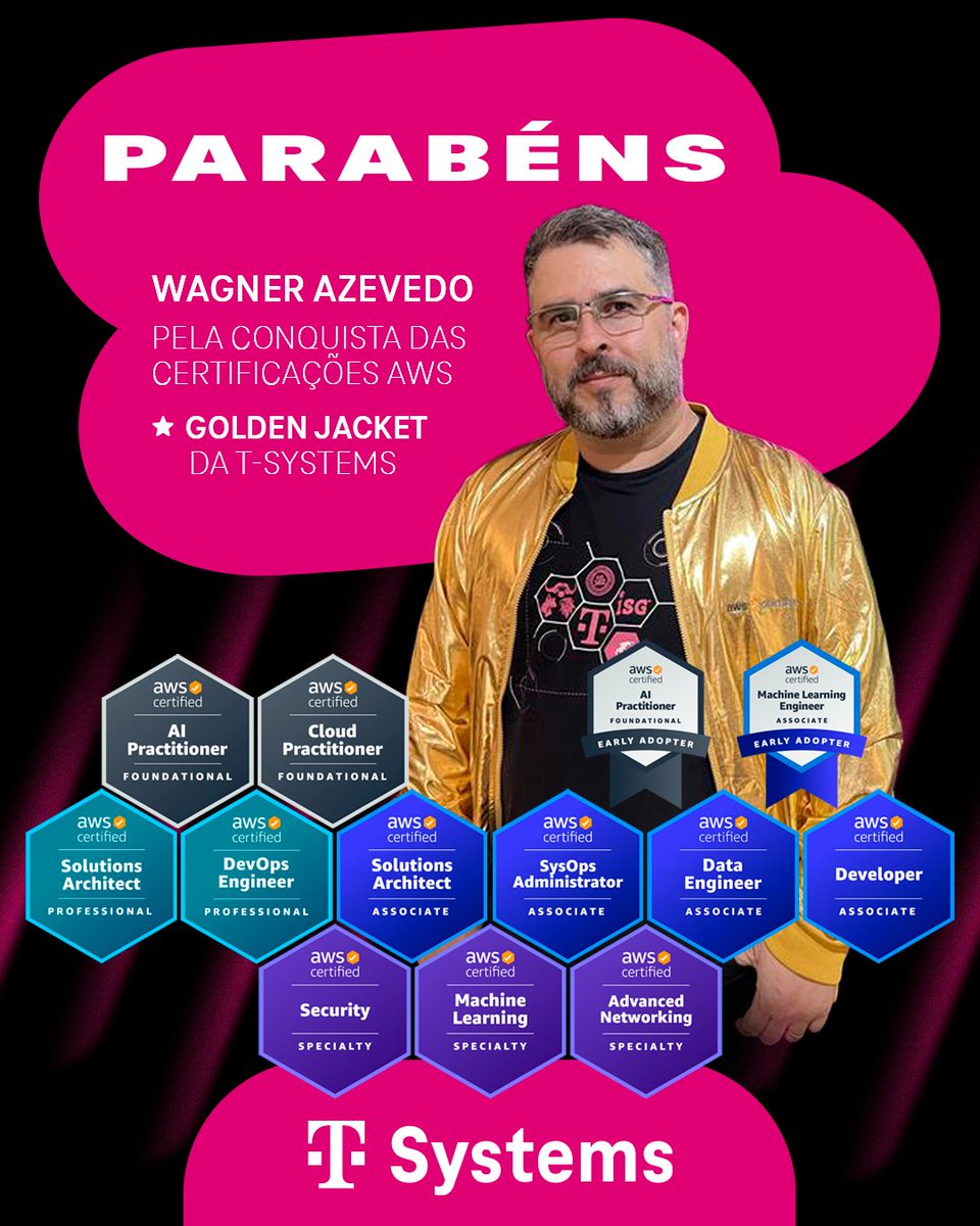 tsystemsbrasil's tweet image. Temos um Golden Jacket na T-Systems!

Wagner Azevedo, Security Architect, conquistou todas as certificações da AWS em maio de 2025 e recebeu a Golden Jacket da AWS. Parabéns! 

#AWSGoldenJacket #AWSCertified #CloudSecurity #ContinuousLearning #AWSJourney #ConnectingYourWorld