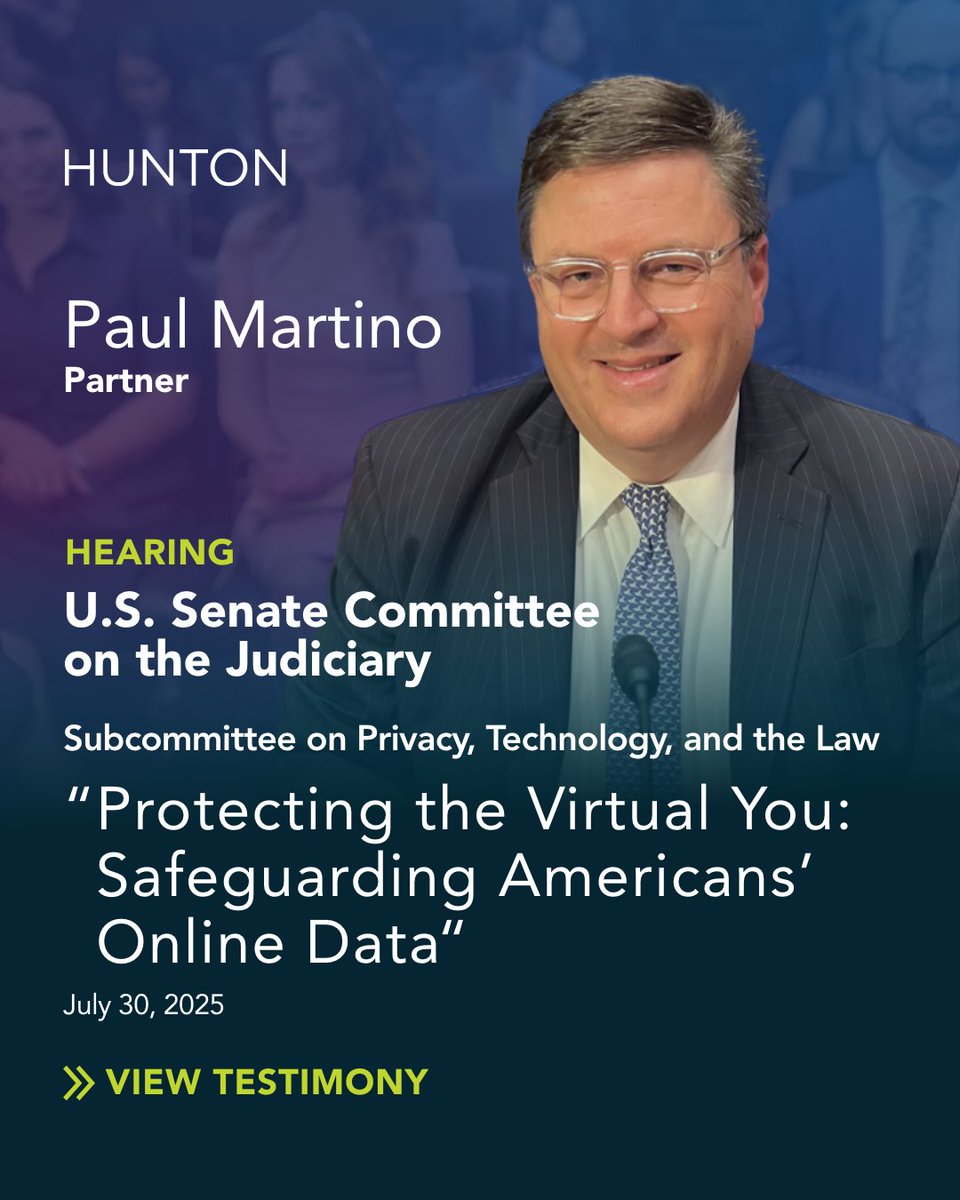 Hunton (@huntonak) on Twitter photo Partner Paul Martino testified before the #SenateJudiciaryCommittee at its first privacy #SenateHearing of the year. He appeared on behalf of Main Street Privacy Coalition as its General Counsel. ow.ly/jK7v50WB0vI #USSenate #USCongress #PrivacyLaw #DataPrivacy <a href="/PGMartino/">Paul Martino</a> Partner Paul Martino testified before the #SenateJudiciaryCommittee at its first privacy #SenateHearing of the year. He appeared on behalf of Main Street Privacy Coalition as its General Counsel. ow.ly/jK7v50WB0vI #USSenate #USCongress #PrivacyLaw #DataPrivacy <a href="/PGMartino/">Paul Martino</a>