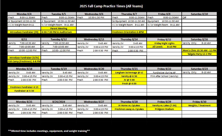 CyFalls Football (@cyfallsfb) on Twitter photo Fall Camp Schedule for next week.  Upperclassmen report for practice dressed and ready by 7 AM. Fall Camp Schedule for next week.  Upperclassmen report for practice dressed and ready by 7 AM.
