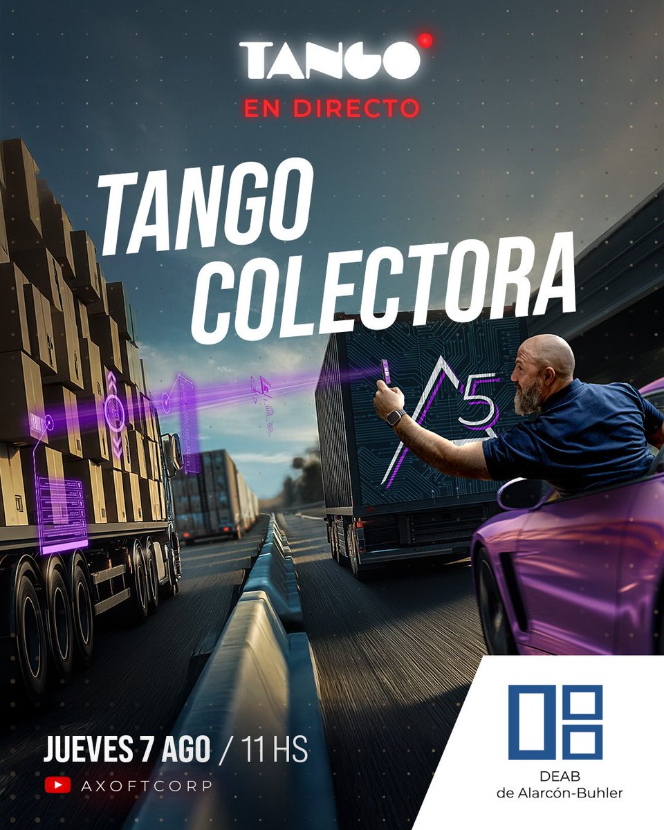 DEABTango's tweet image. #TangoEnDirecto

👉 Mañana, jueves a las 11h, no te pierdas el directo de Tango Colectora D5, donde se verá las novedades de la aplicación Tango Colectora en Delta 5.

🔔Suscribite al canal.

🔴YouTube: Acceso youtube.com/@AxoftCorp

#tangosoftware #dealarconbuhler #deab