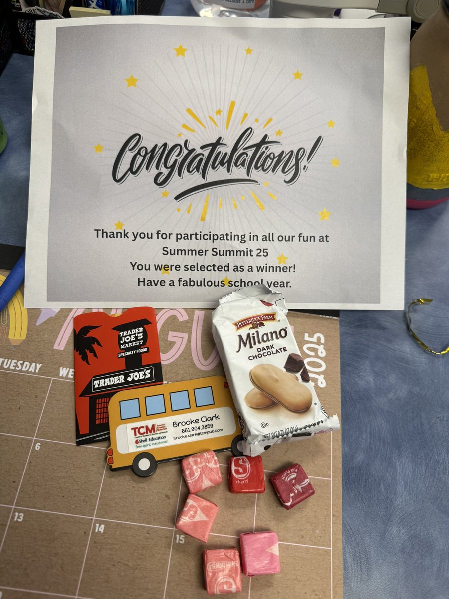 tubbteam's tweet photo. What a pleasant surprise! I had a great time at #RCSSummerSummit25 AND got a Trader Joe’s gift card with treats delivered to @RockyForkMS?! Definitely made my day! Thank you, @rucoschools! https://t.co/CqmMvQmEW8