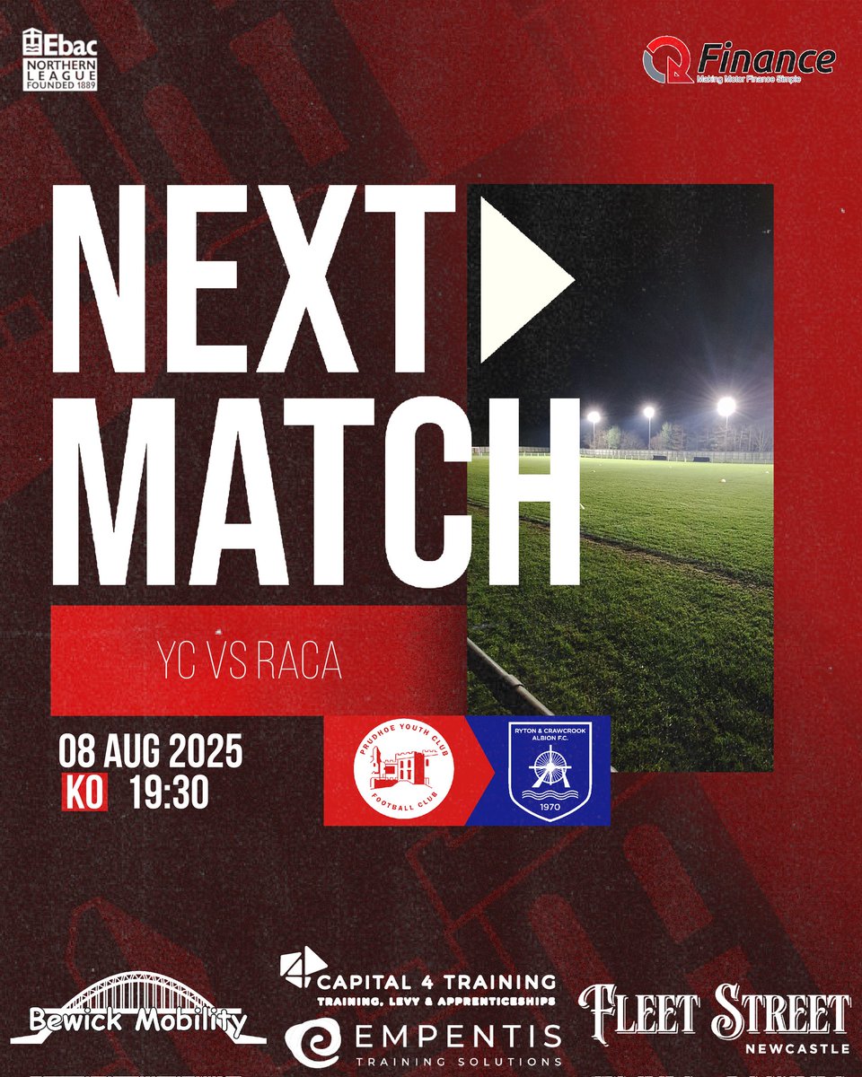 Prudhoe Youth Club FC (@prudhoeycfc) on Twitter photo NEXT MATCH 🔜
The Tyne-Valley-Derby is BACK! It's certainly the best game of football on in the North-East on Friday (😅) so come on down and support the YC! ⚽️
🏆Ebac Northern League Division 2
📆 08/08/25
🆚️️ <a href="/RACAFC1970/">RYTON & CRAWCROOK ALBION FC</a>
🏡 Essity Park, NE42 5EH
⏰️ 7:30pm
🎟 £6 adults | NEXT MATCH 🔜
The Tyne-Valley-Derby is BACK! It's certainly the best game of football on in the North-East on Friday (😅) so come on down and support the YC! ⚽️
🏆Ebac Northern League Division 2
📆 08/08/25
🆚️️ <a href="/RACAFC1970/">RYTON & CRAWCROOK ALBION FC</a>
🏡 Essity Park, NE42 5EH
⏰️ 7:30pm
🎟 £6 adults |
