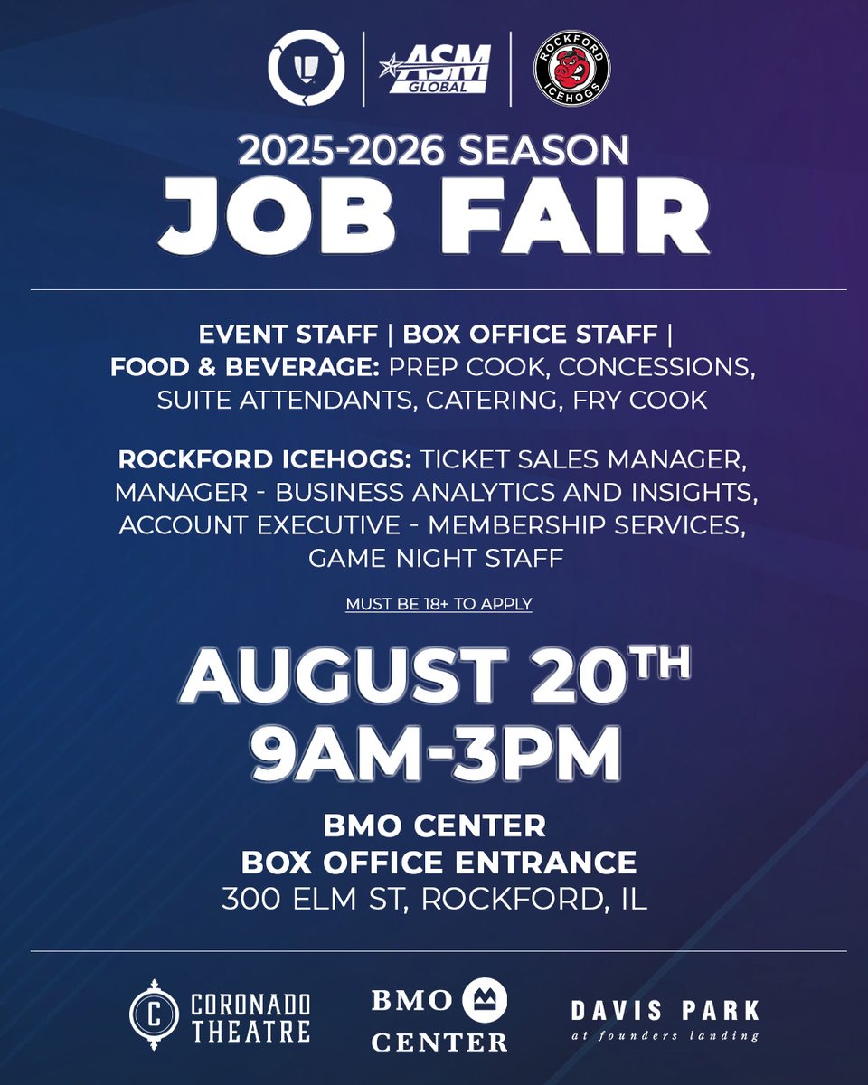 🎉 We’re hiring for the 2025–2026 season! 🎉
ASM Global Rockford and the Rockford IceHogs are hosting a job fair on Tuesday, August 20 from 9AM–3PM at the BMO Center.

👉 Must be 18+ to apply
💼 Explore openings:ASM: spr.ly/6183f942Z
IceHogs: spr.ly/6187f942W