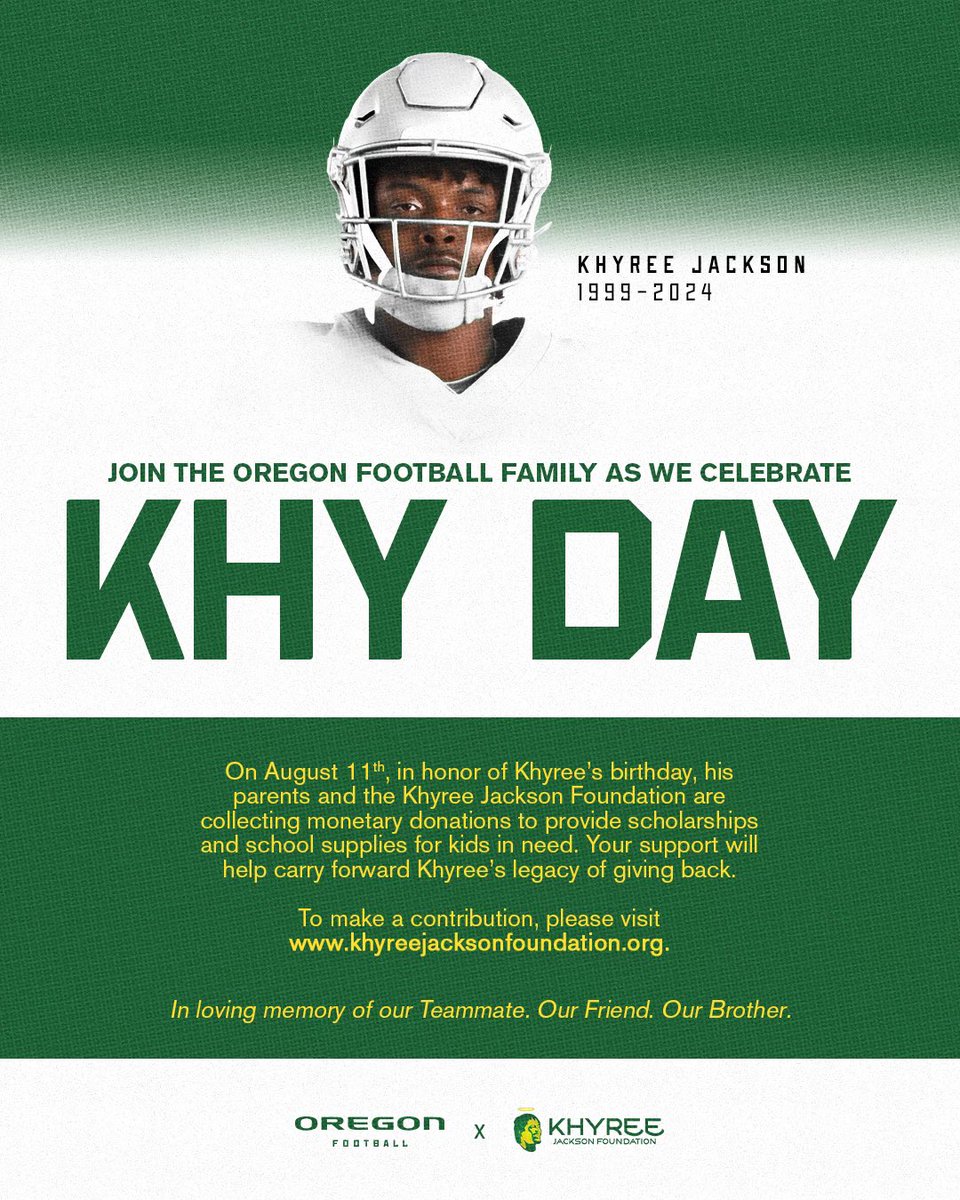 Oregon Football (@oregonfootball) on Twitter photo Khy Day - Aug. 11
In honor of Khyree Jacksonโs birthday, help his parents and the Khyree Jackson Foundation provide scholarships and school supplies for kids in need.
Donate here: tinyurl.com/48d5hr9b
#GoDucks x <a href="/kjfoundation31/">khyreejacksonfoundation</a> Khy Day - Aug. 11
In honor of Khyree Jacksonโs birthday, help his parents and the Khyree Jackson Foundation provide scholarships and school supplies for kids in need.
Donate here: tinyurl.com/48d5hr9b
#GoDucks x <a href="/kjfoundation31/">khyreejacksonfoundation</a>