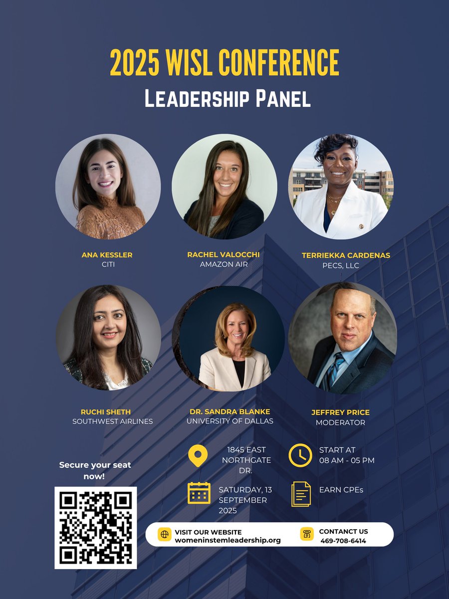 WomeninSTEMLea1's tweet image. 🚨 Meet Our 2025 WISL Conference Leadership Panel 🚨

📍 University of Dallas
📅 Sept 13, 2025 | ⏰ 8 AM – 5 PM
🎓 Earn CPEs
🎟️ Scan the QR or visit: womeninstemleadership.org

#WISL2025 #WomenInSTEM #LeadershipPanel #FutureOfWork #HRTrends #STEMLeadership