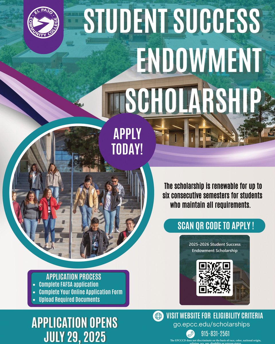 Apply for the 2025-26 Student Success Endowment Scholarship by Aug. 29 at forms.office.com/r/rUHBmAjcwb
For more info, visit go.epcc.edu/Scholarships
Contact: (915) 831-2561
#EPCCpride