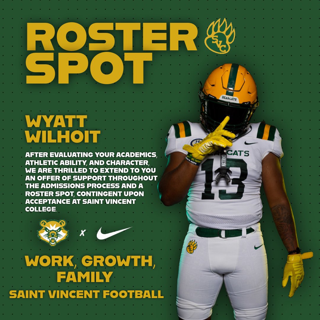 Wyatt Wilhoit (@wwilhoit08) on Twitter photo Blessed to receive an offer from <a href="/SVC_FTBL/">Saint Vincent College Football</a>! Thanks to <a href="/CoachCGoff/">πππ¬ππ² ππ¨ππ</a> for the opportunity. <a href="/Coach_EA25/">Ethan Anderson</a> <a href="/CoachJohnstonOL/">Chace Johnston</a> <a href="/AlWaters15/">Al Waters</a> <a href="/CoachPeluso_/">Brandon Peluso</a> <a href="/CoachYarosz/">Mike Yarosz</a> <a href="/_THE_FIELDHOUSE/">THE FIELDHOUSE</a> <a href="/Coach__Mooney/">Coach Mooney</a> <a href="/jbmandes/">Coach Jude</a> <a href="/QACHS_Football/">Queen Anne's County HS Lions Football</a> Blessed to receive an offer from <a href="/SVC_FTBL/">Saint Vincent College Football</a>! Thanks to <a href="/CoachCGoff/">πππ¬ππ² ππ¨ππ</a> for the opportunity. <a href="/Coach_EA25/">Ethan Anderson</a> <a href="/CoachJohnstonOL/">Chace Johnston</a> <a href="/AlWaters15/">Al Waters</a> <a href="/CoachPeluso_/">Brandon Peluso</a> <a href="/CoachYarosz/">Mike Yarosz</a> <a href="/_THE_FIELDHOUSE/">THE FIELDHOUSE</a> <a href="/Coach__Mooney/">Coach Mooney</a> <a href="/jbmandes/">Coach Jude</a> <a href="/QACHS_Football/">Queen Anne's County HS Lions Football</a>