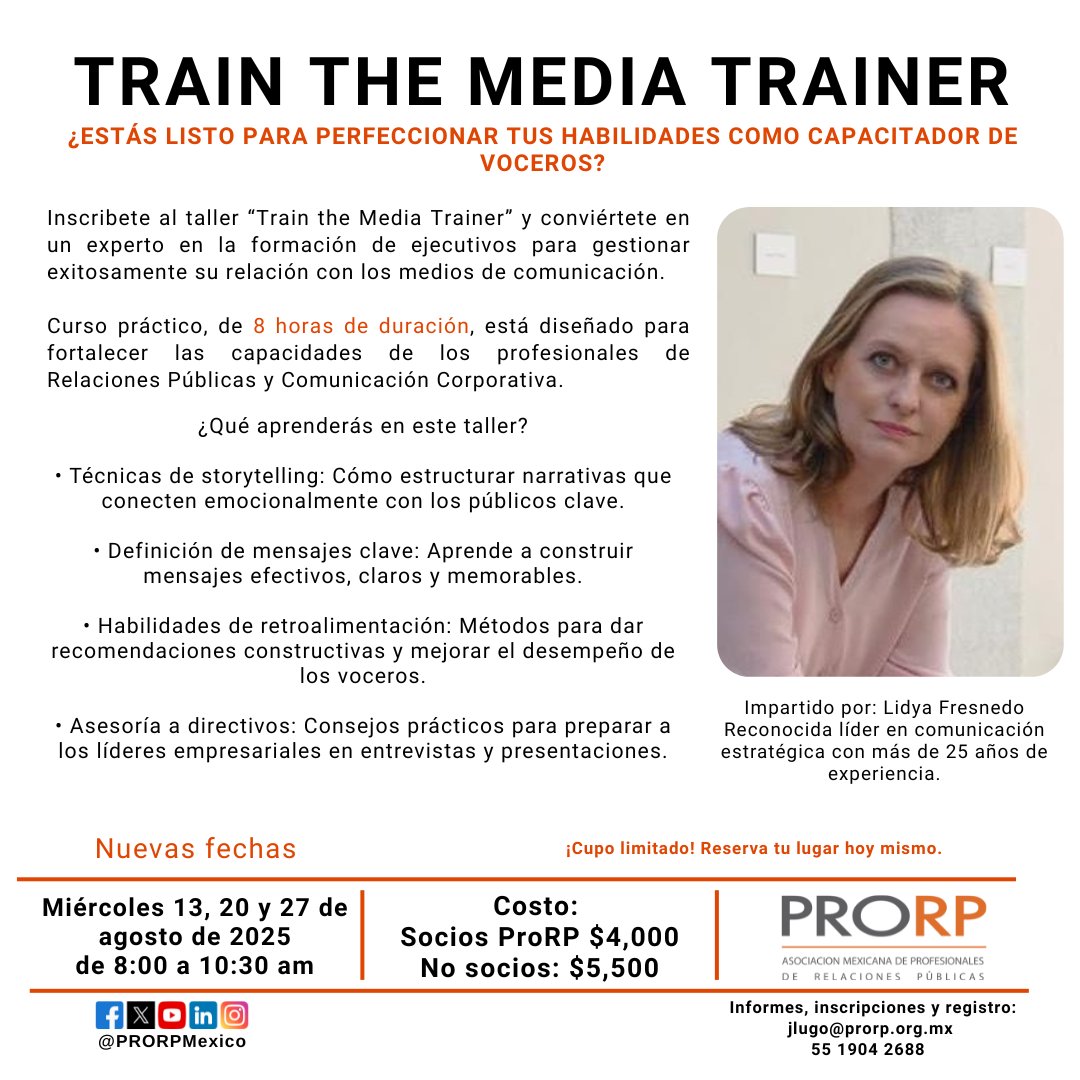 Actualizate y perfecciona tus técnicas para los entrenamientos de medios... Inscríbete al Train the media trainers de <a href="/PRORPMexico/">PRORP</a> 

¡Últimos lugares!