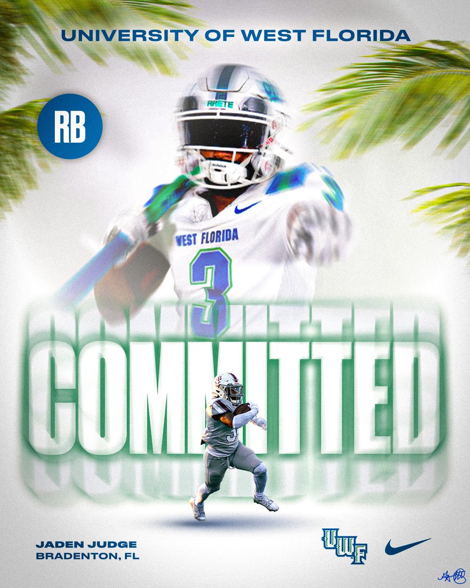 Jaden Judge (@chy_babyjay) on Twitter photo Absolutely ready to take my career to the next level with <a href="/UWFFootball/">UWF Football</a> I'm 1000% committed and eager to get started. Let's make it happen!
<a href="/coach_3K/">Ra’veion Hargrove ©️</a> <a href="/CoachWintrick/">Joe Wintrick</a> <a href="/CoachKNobles/">Kaleb Nobles</a> <a href="/247Sports/">247Sports</a> Absolutely ready to take my career to the next level with <a href="/UWFFootball/">UWF Football</a> I'm 1000% committed and eager to get started. Let's make it happen!
<a href="/coach_3K/">Ra’veion Hargrove ©️</a> <a href="/CoachWintrick/">Joe Wintrick</a> <a href="/CoachKNobles/">Kaleb Nobles</a> <a href="/247Sports/">247Sports</a>