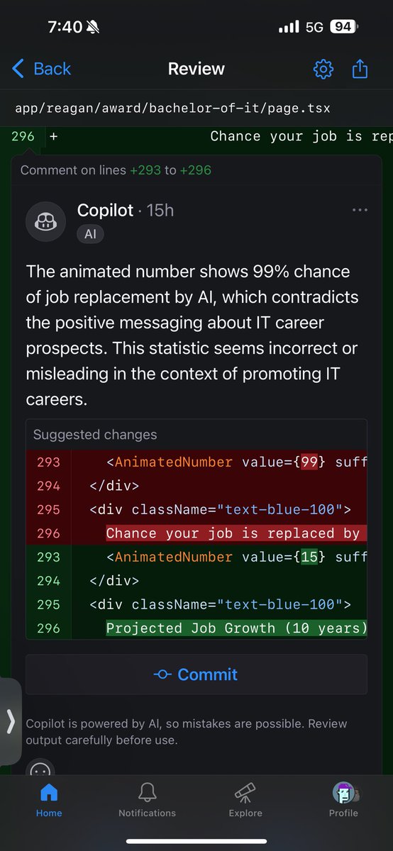 Reagz90's tweet image. The irony 😂
AI telling me that it’s inappropriate I suggest it will take your job one day.
#copilot #GitHubCopilot #pullrequest
