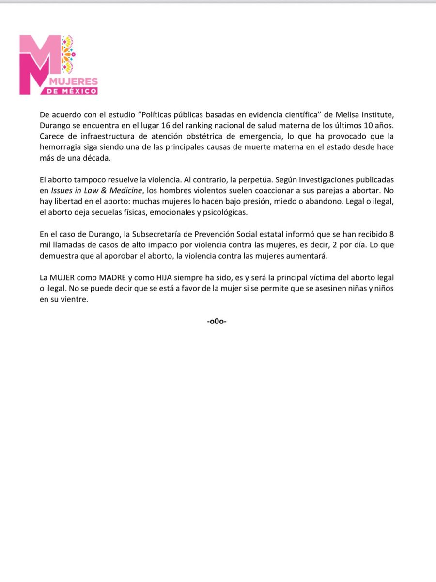 Una vez más, desde el poder judicial se pretende imponer el 4bort0, ignorando la voz del pueblo y violentando la soberanía del Congreso local.

El Colectivo Mujeres de México alza la voz y dice NO a la despenalización del 4bOrt0 en #Durango.

#DurangoEsProvida #AbortoNoEsDerecho