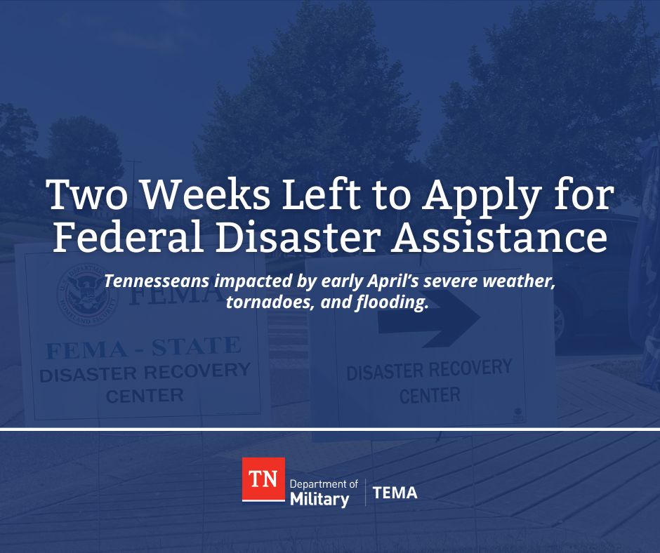 Tennesseans who experienced damage or losses from early April’s severe weather, tornadoes, and flooding in the western and middle regions of the state have two weeks left to apply for federal disaster assistance.

More info: tn.gov/tema/news/2025…