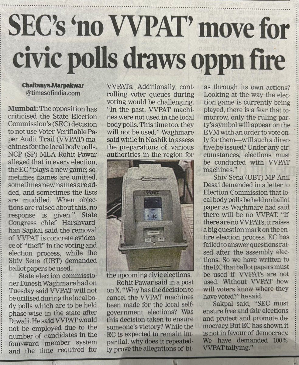 Chaitanya Marpakwar चैतन्य मारपकवार (@chaitanya_pm) on Twitter photo The opposition led by NCP (SP) and Congress has slammed the State Election Commission’s (SEC) decision to discontinue the use of Voter Verifiable Paper Audit Trail (VVPAT) machines for local body polls. <a href="/RRPSpeaks/">Rohit Pawar</a> <a href="/INCHarshsapkal/">Harshwardhan Sapkal</a> The opposition led by NCP (SP) and Congress has slammed the State Election Commission’s (SEC) decision to discontinue the use of Voter Verifiable Paper Audit Trail (VVPAT) machines for local body polls. <a href="/RRPSpeaks/">Rohit Pawar</a> <a href="/INCHarshsapkal/">Harshwardhan Sapkal</a>