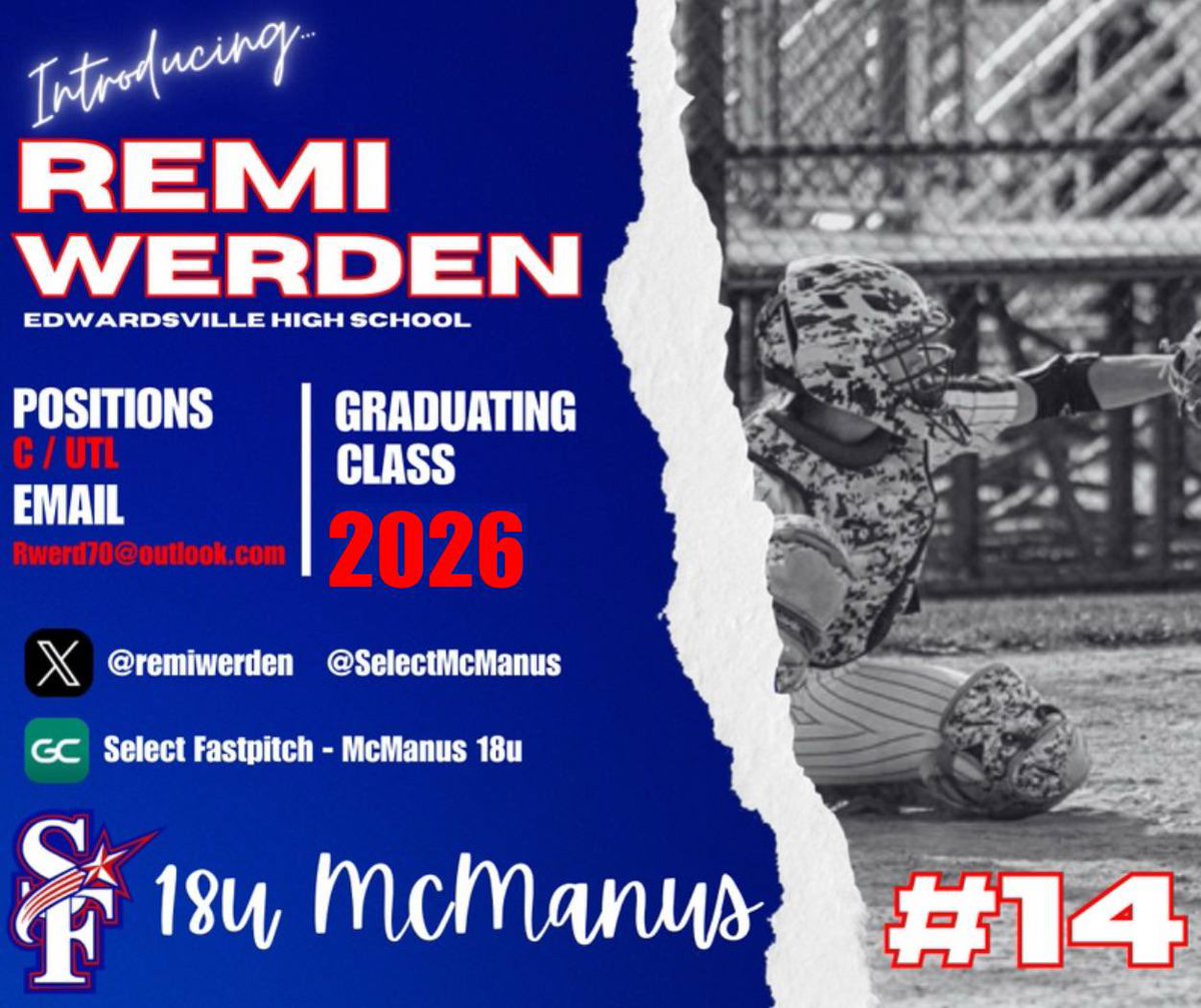 Select Fastpitch-McManus 18U (@selectmcmanus) on Twitter photo The first of two uncommitted 2026s from Edwardsville HS who are coming along. Tough, smart and athletic are great descriptors for <a href="/remiwerden/">Remington (Remi) Werden</a>. I think Remi is one of the most improved players I’ve seen in the last two years and we will lean on her heavily.
Welcome, Remi!!! The first of two uncommitted 2026s from Edwardsville HS who are coming along. Tough, smart and athletic are great descriptors for <a href="/remiwerden/">Remington (Remi) Werden</a>. I think Remi is one of the most improved players I’ve seen in the last two years and we will lean on her heavily.
Welcome, Remi!!!