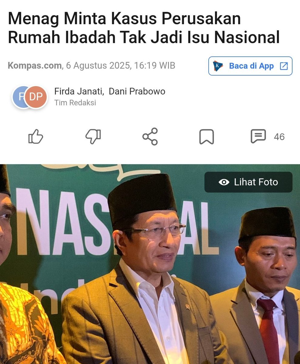 Makin lama makin lemah ini negara terhadap kelompok intoleran.

Menag Minta Kasus Perusakan Rumah Ibadah Tak Jadi Isu Nasional
nasional.kompas.com/read/2025/08/0…