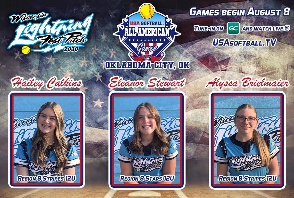 Wisconsin Lightning 2030 (@2030lightning) on Twitter photo We want to wish the best of luck to <a href="/HaileyCalkins6/">Hailey Calkins 2030</a> , <a href="/elstewart2030/">ELEANOR STEWART 2030</a> , and Alyssa Brielmaier as they represent Region 8 in the <a href="/USASoftball/">USA Softball</a> 12U All American Games in Oklahoma City, OK this week! Games start Friday so tune-in! We want to wish the best of luck to <a href="/HaileyCalkins6/">Hailey Calkins 2030</a> , <a href="/elstewart2030/">ELEANOR STEWART 2030</a> , and Alyssa Brielmaier as they represent Region 8 in the <a href="/USASoftball/">USA Softball</a> 12U All American Games in Oklahoma City, OK this week! Games start Friday so tune-in!