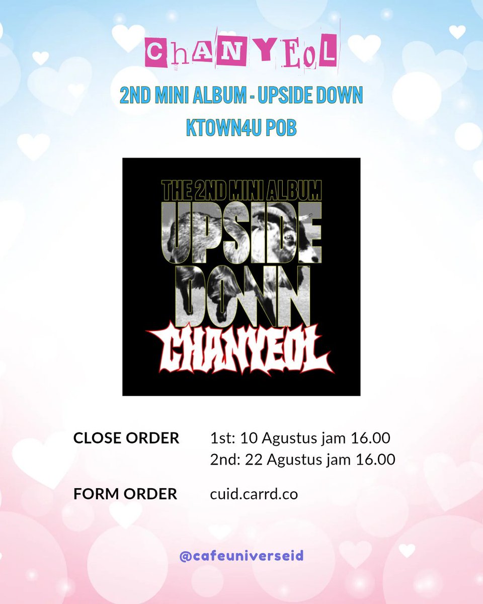 cafeuniverseid's tweet image. ⚘ Chanyeol ° 2nd Mini Album - Upside Down

𖹭 POB: KTown4u, WithMuu, Everline, Apple Music, Soundwave, Makestar
✔ est bersih ina (harga naik, jika berat naik)
✔ line GO &amp;amp; pelunasan via 🍊
✔ packing 

Form Pre-Order: cuid.carrd.co
—
#cuidpo #inago #pcy #exo
