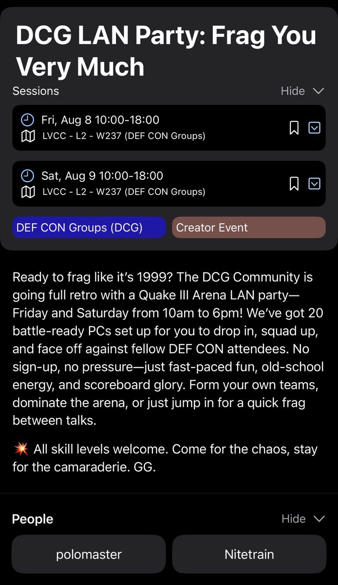 AletheDenis's tweet photo. @Bryson_Byrd @defcon @defcongroups I’m so glad you asked!
DEF CON 33: DCG LAN Party: Frag You Very Much on Aug 8, 2025 at 10:00 AM in LVCC - L2 - W237 (DEF CON Groups) #hackertracker @defcon https://t.co/65T4HAzbW6